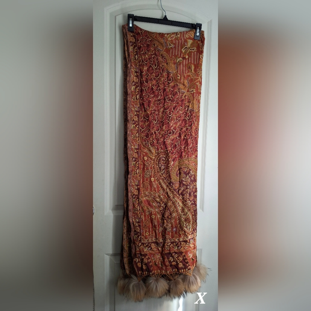 Elegant Paisley Scarf/wrap‎ with Faux Fur Trim 28x83 In Formal Glam Fall Boho
